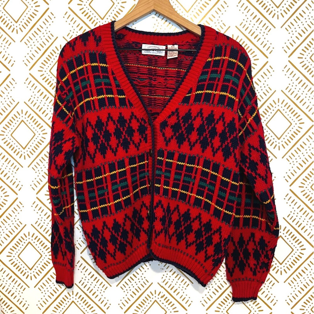 Vintage Red Plaid Argyle Knit Cardigan Sweater M Preppy Cottage Classic Academic